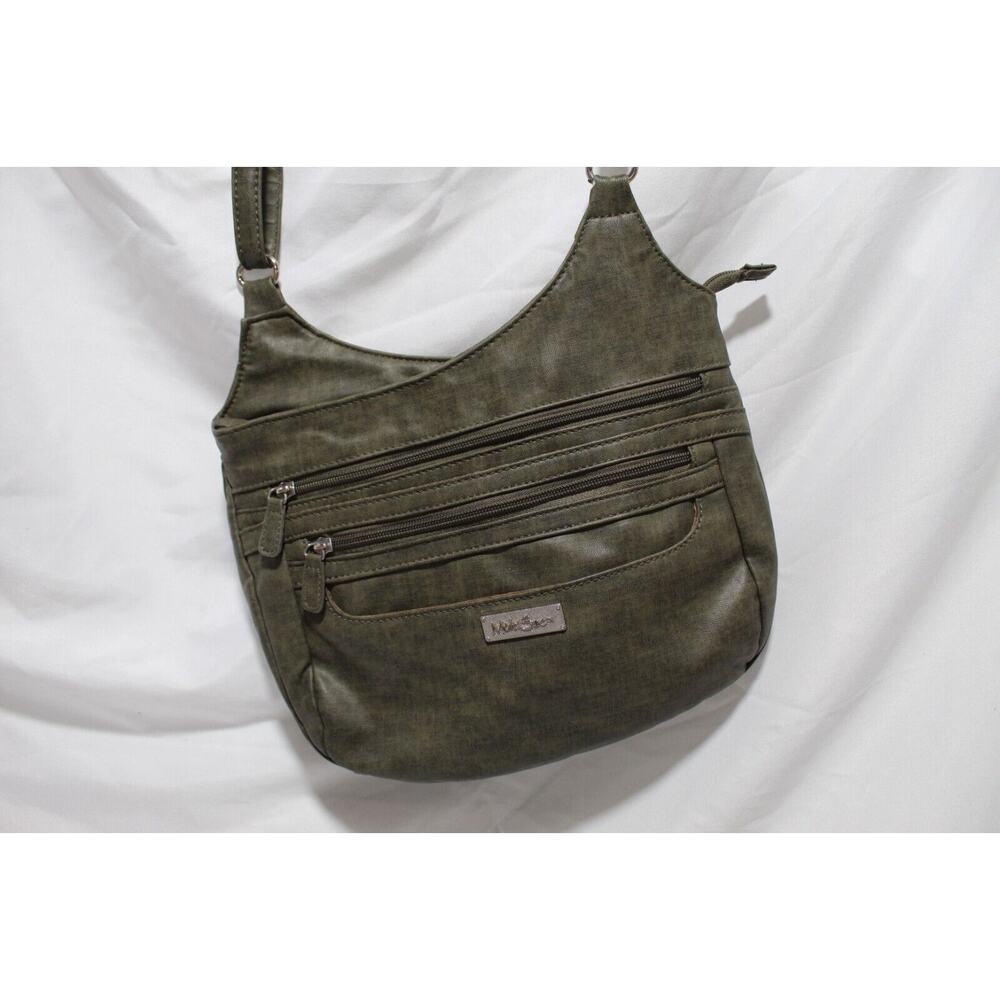 MultiSac Crossbody Purse Green Faux Leather Adjustable Strap Pockets Zippers